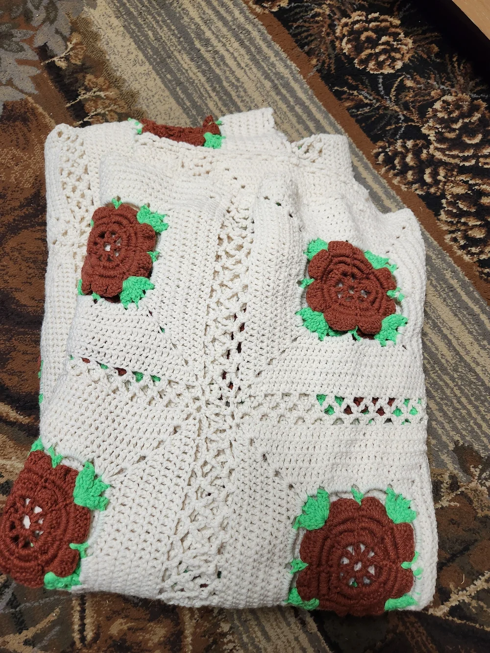 Handmade Cream Crochet Throw with Brown Rose Accents